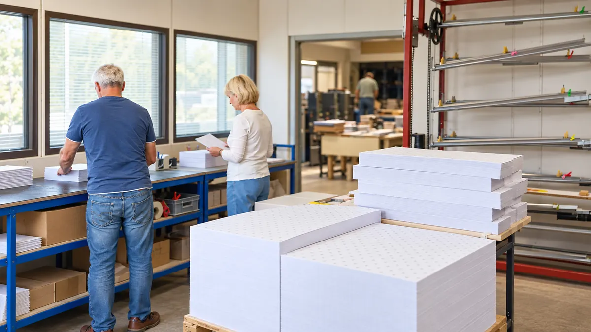 Blick in die Fertigung von Gerken & Pietsch in Lippstadt: Papierstapel werden von Hand konfektioniert